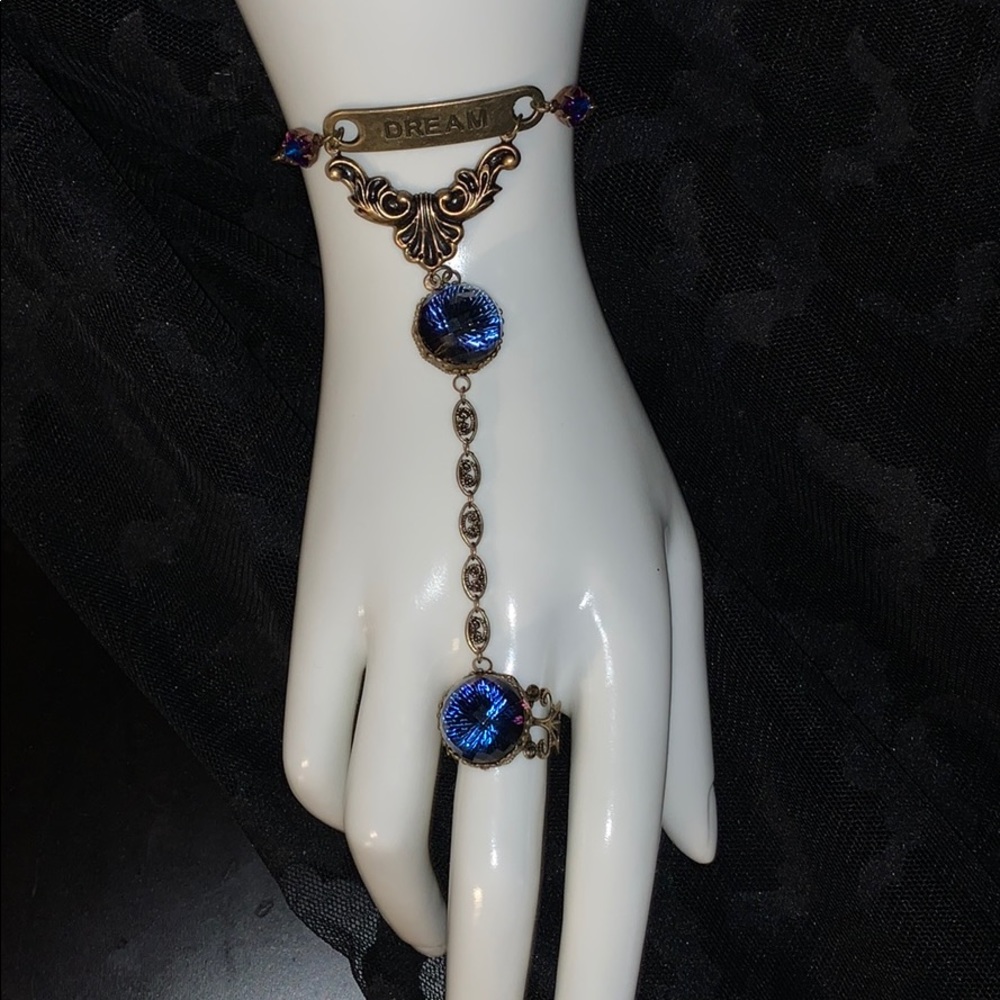 OOAK Slave Bracelet: Swarovski Blue Gem and Dream Plate Drop on Bronze Chain